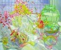 開花した花とガラス製品 JF リアリズム静物画